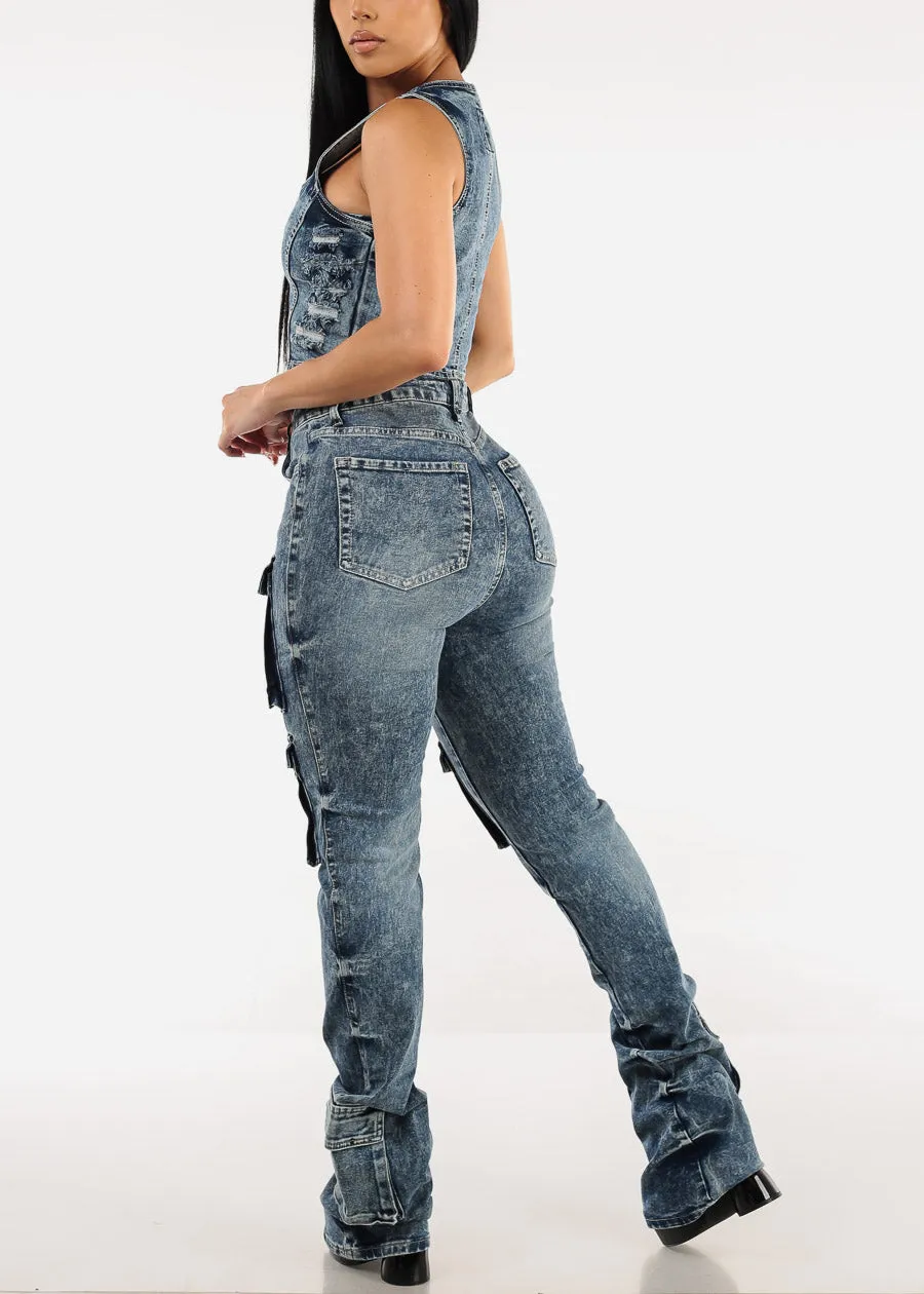 High Waisted Cargo Stacked Leg Jeans Acid Wash sold by Moda product image thumbnail 5