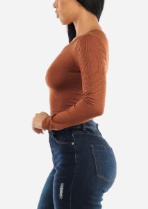 Ribbed Crewneck Long Sleeve Crop Top Light Brown sold by Moda