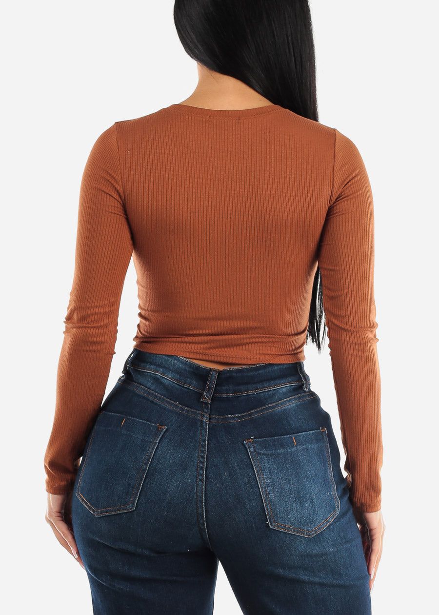 Ribbed Crewneck Long Sleeve Crop Top Light Brown sold by Moda product image thumbnail 4