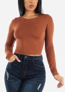 Ribbed Crewneck Long Sleeve Crop Top Light Brown sold by Moda