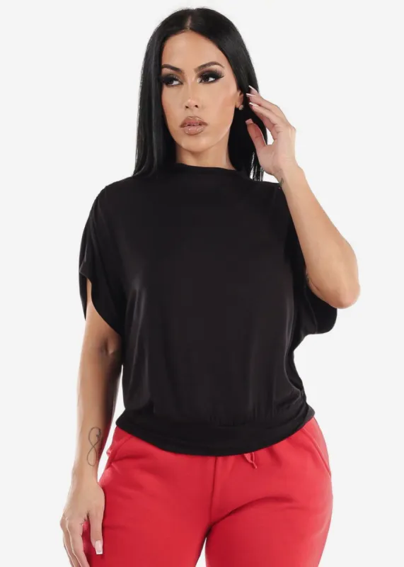 High Neck Draped Short Sleeve Black Top sold by Moda