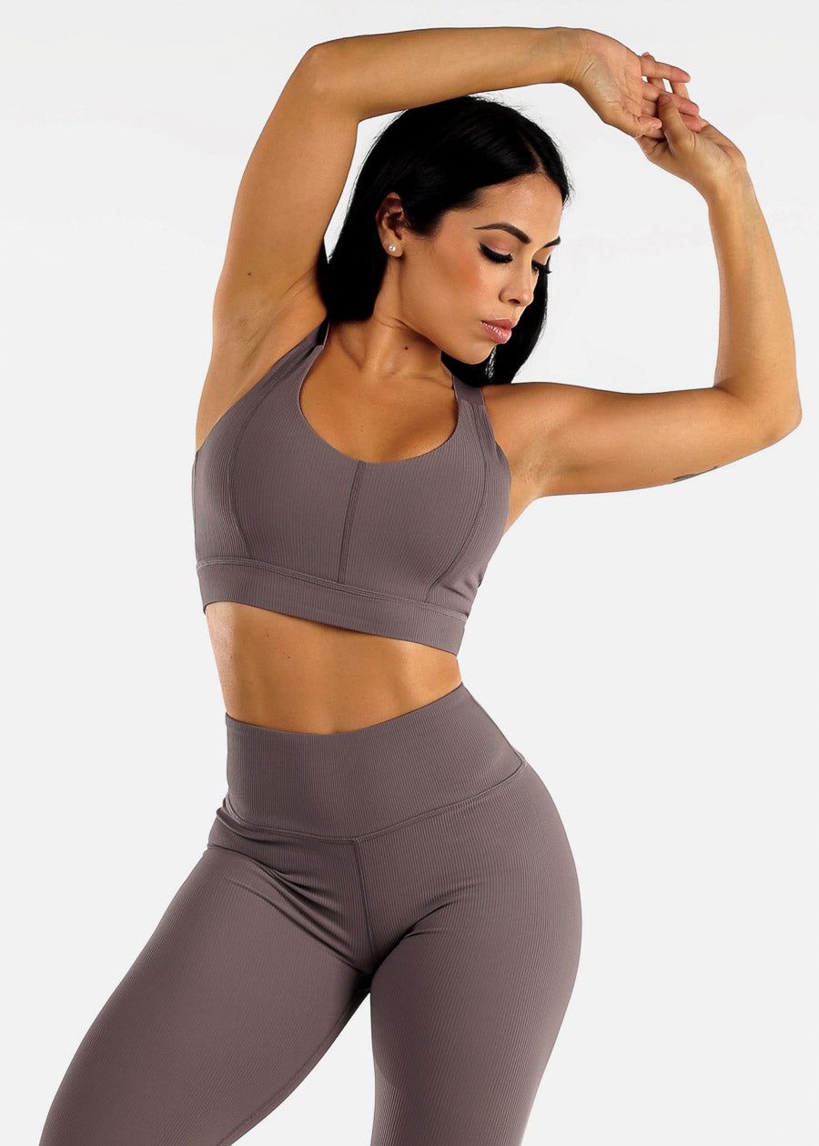 MONO B Micro Ribbed Lycra Blend Sports Bra w Adjustable Straps sold by Moda