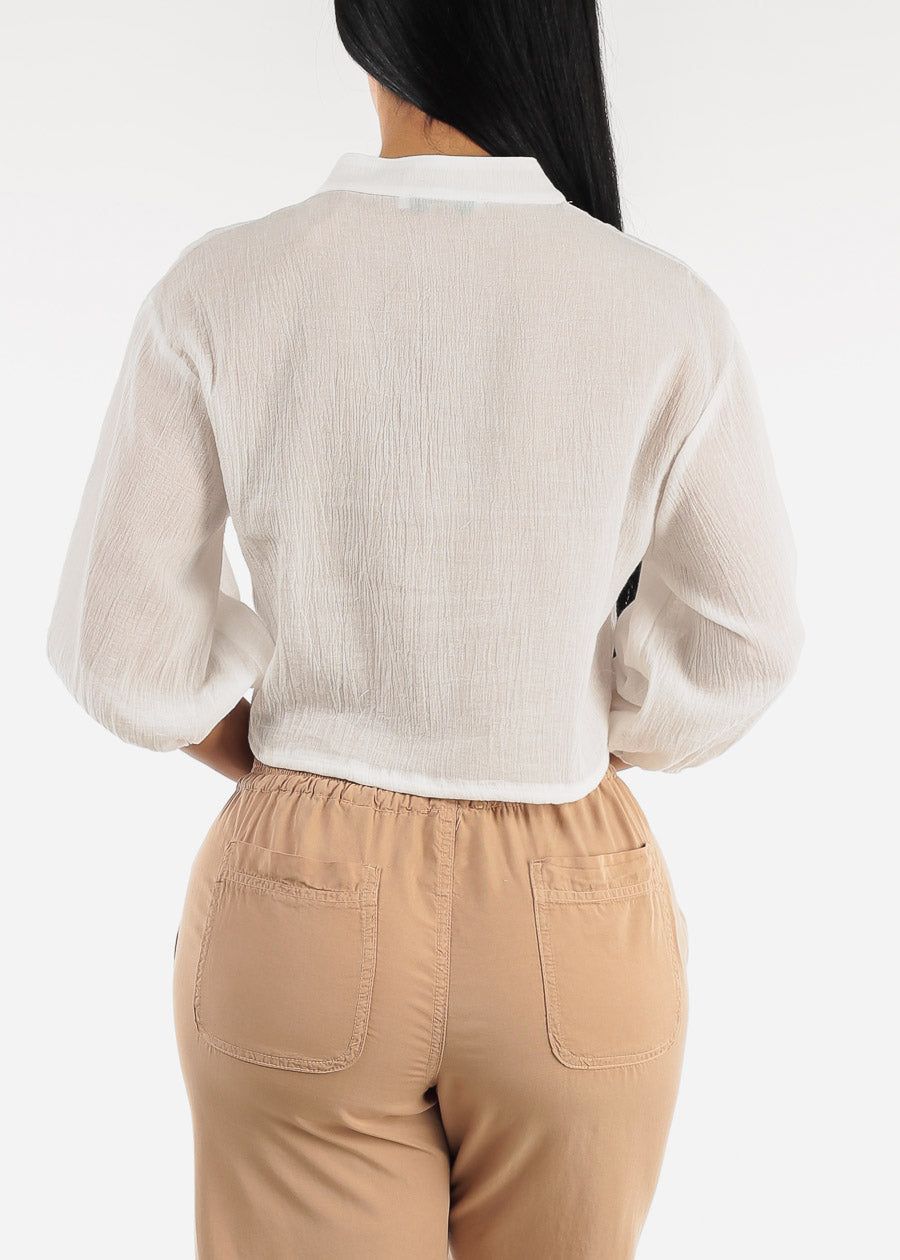 Drawstring Waist Button Up Cropped Cotton Shirt White sold by Moda product image thumbnail 4
