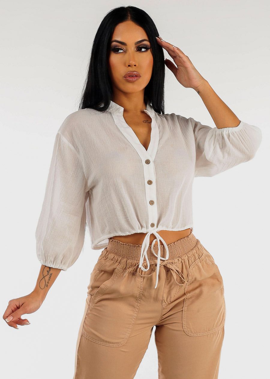 Drawstring Waist Button Up Cropped Cotton Shirt White sold by Moda