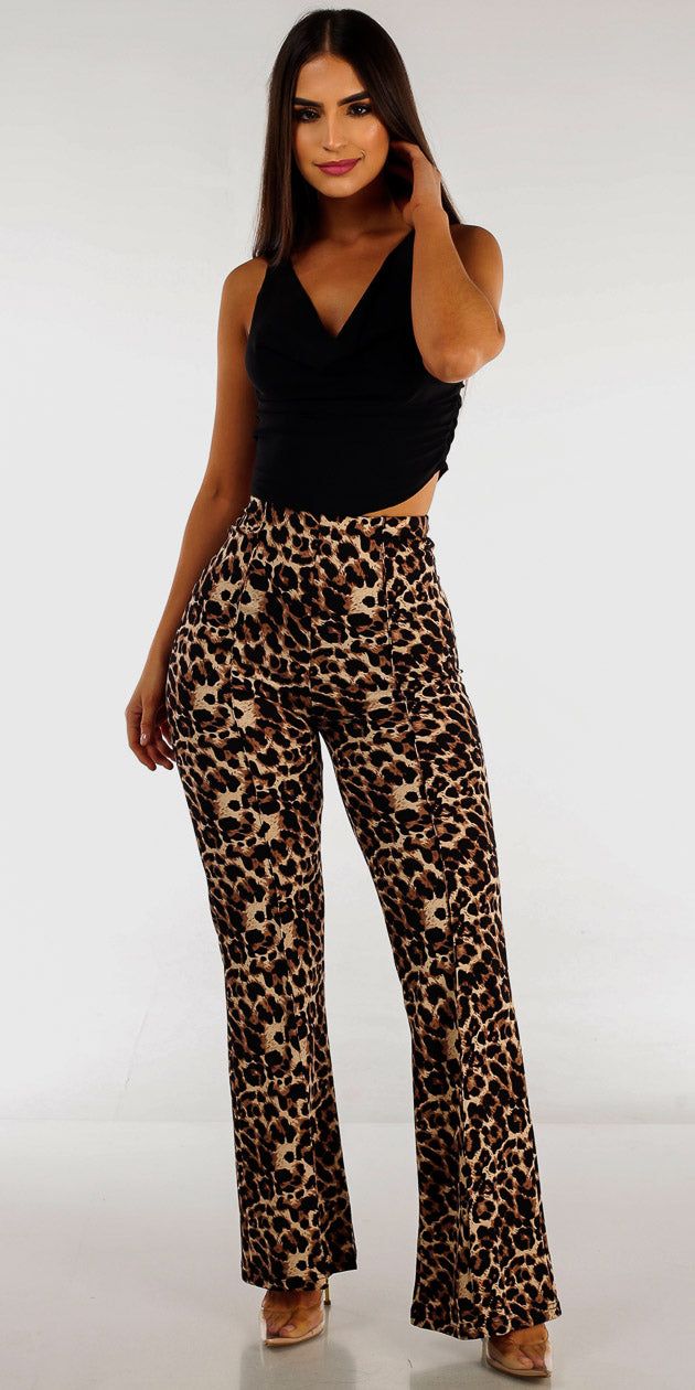 High Rise Animal Print Flared Pants with Black Sleeveless Cowl Neck Top sold by Moda