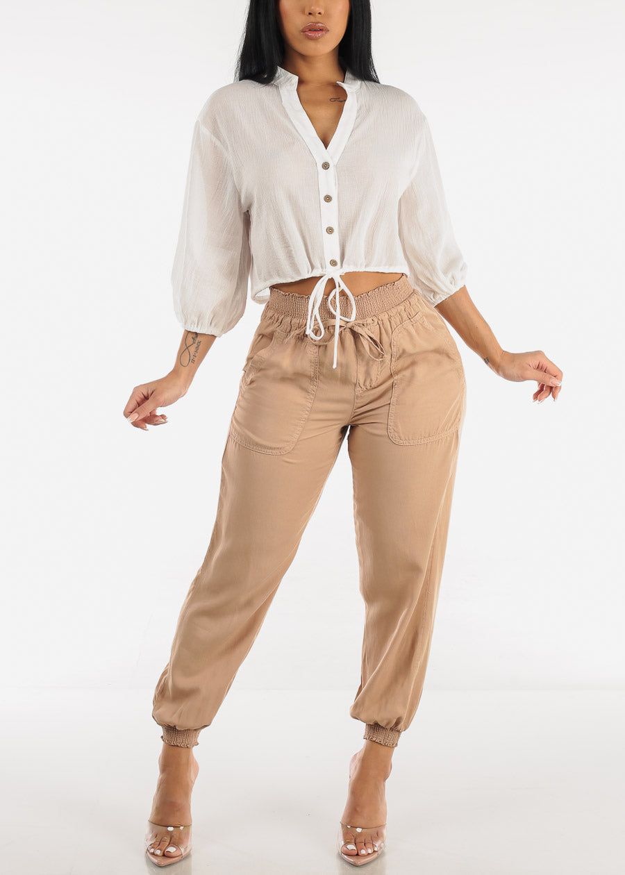 Drawstring Waist Button Up Cropped Cotton Shirt White sold by Moda product image thumbnail 2