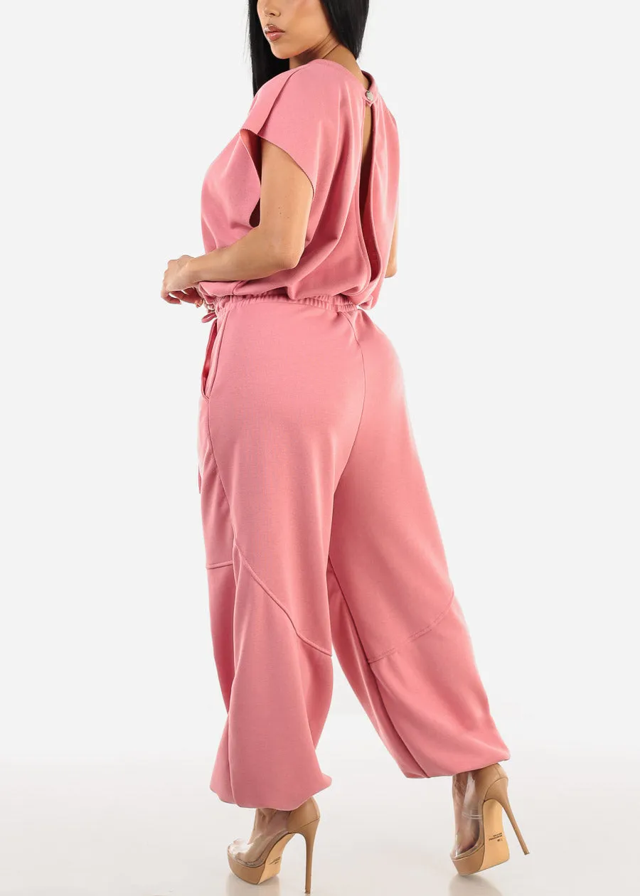 Short Sleeve Drawstring Waist Jumpsuit Pink sold by Moda product image thumbnail 5