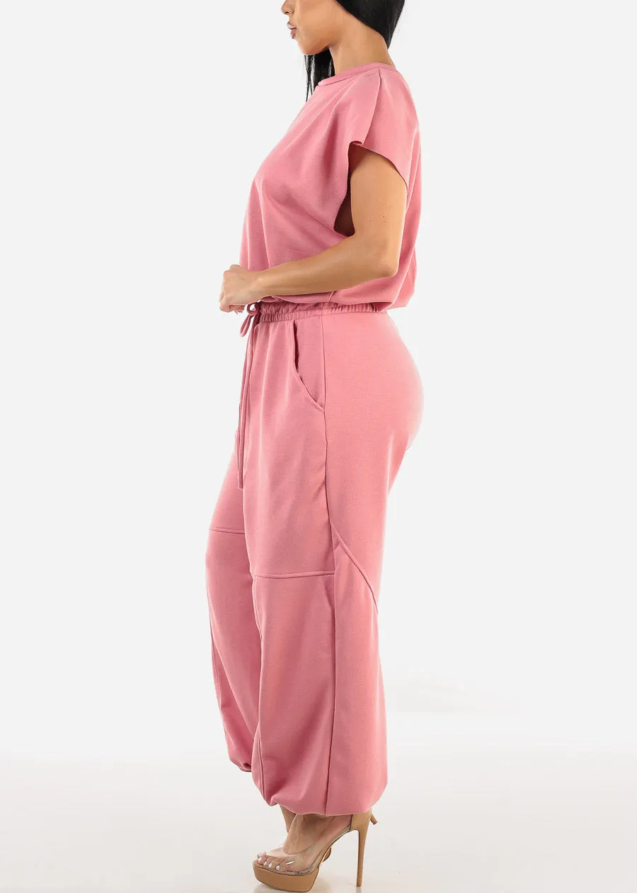 Short Sleeve Drawstring Waist Jumpsuit Pink sold by Moda product image thumbnail 3
