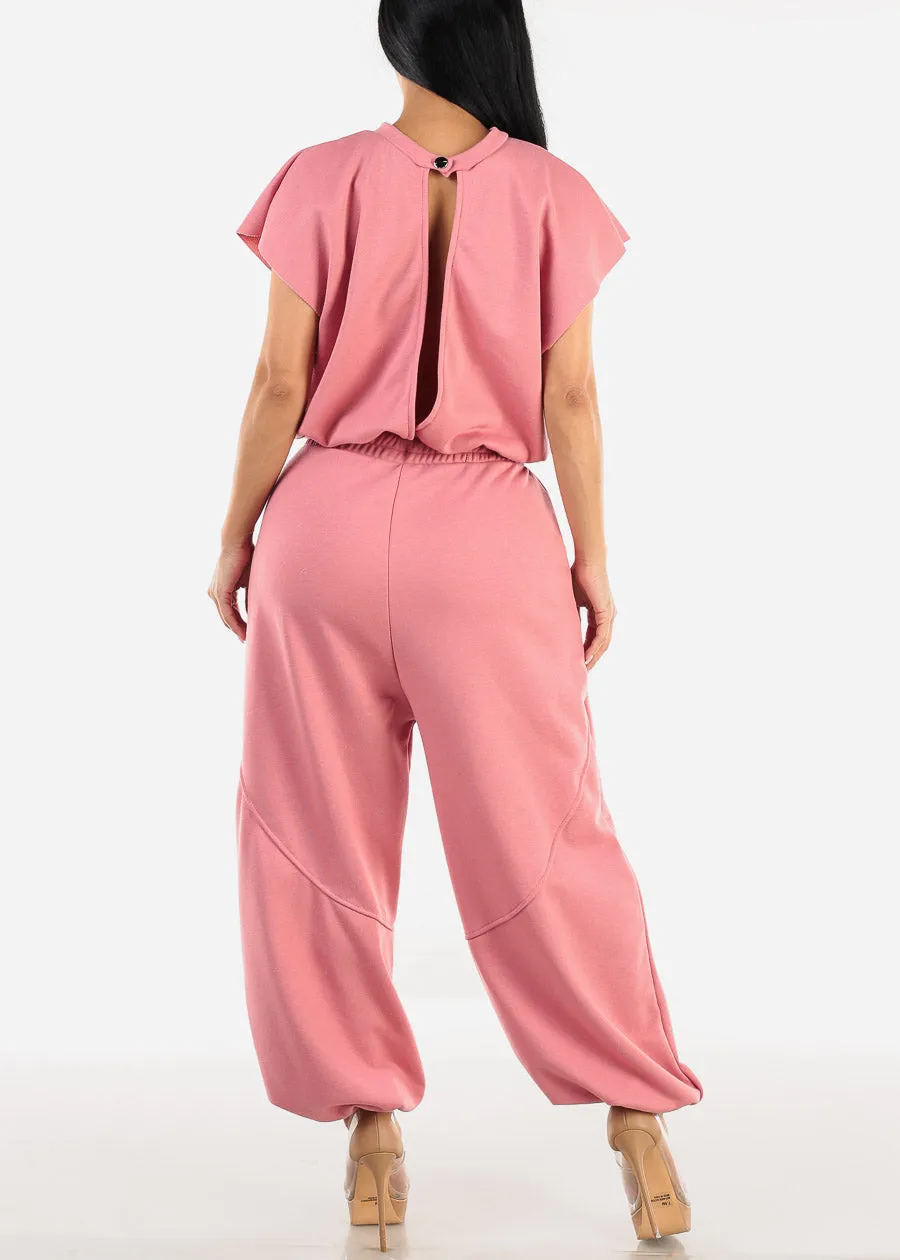 Short Sleeve Drawstring Waist Jumpsuit Pink sold by Moda product image thumbnail 4
