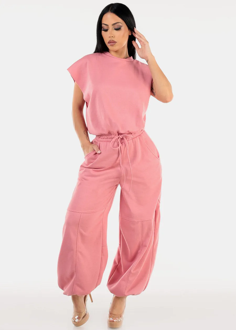 Short Sleeve Drawstring Waist Jumpsuit Pink sold by Moda