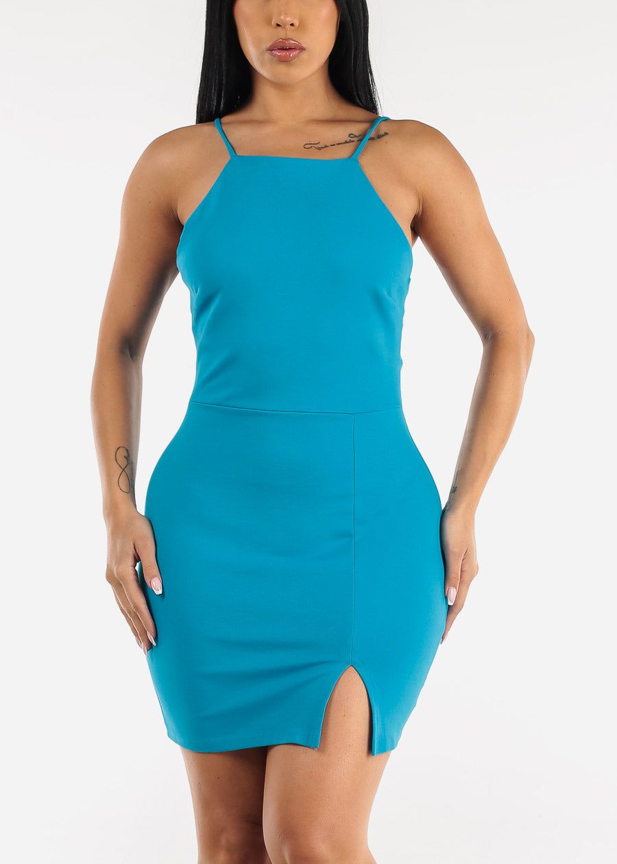 Halter Front Slit Bodycon Mini Dress Aqua sold by Moda product image thumbnail 3