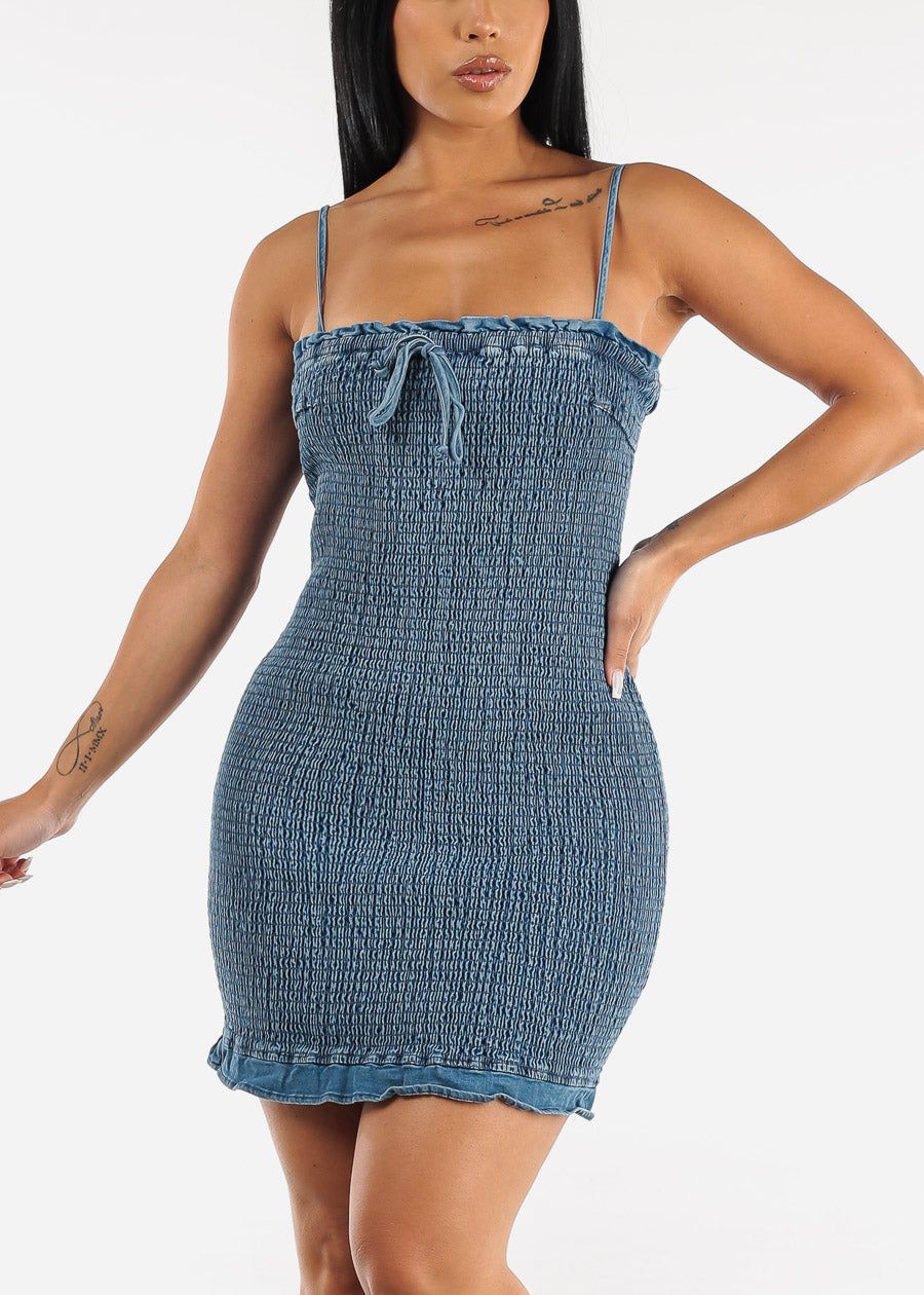 Sleeveless Smocked Denim Bodycon Dress sold by Moda