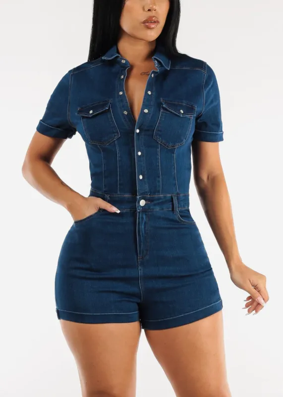 Short Sleeve Snap Button Up Collared Denim Romper Dark Blue sold by Moda