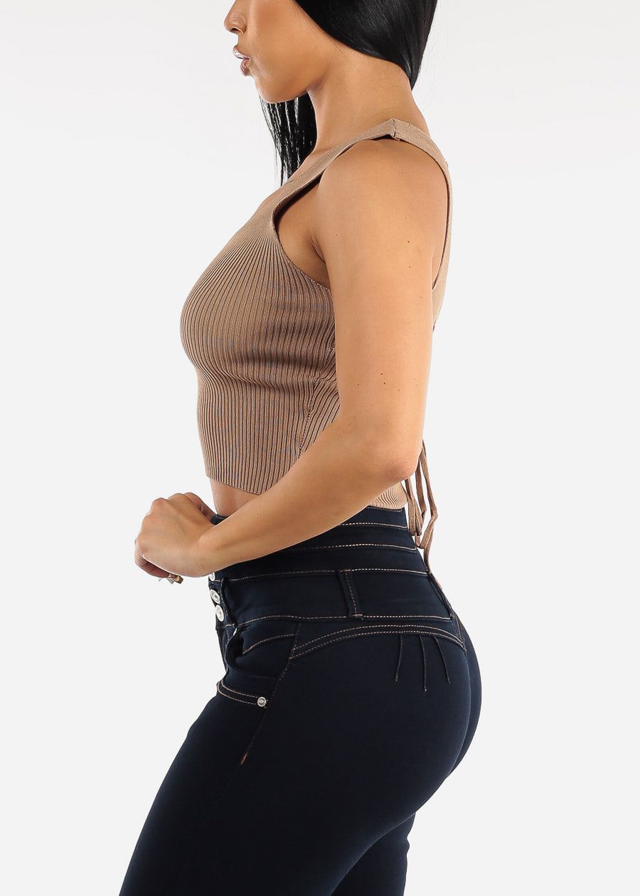 Open Lace Up Back Ribbed Knit Top Beige sold by Moda product image thumbnail 4