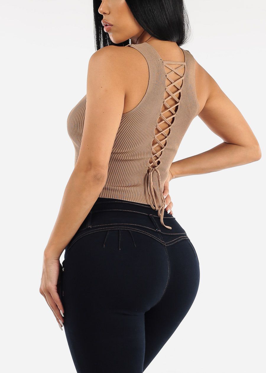 Open Lace Up Back Ribbed Knit Top Beige sold by Moda