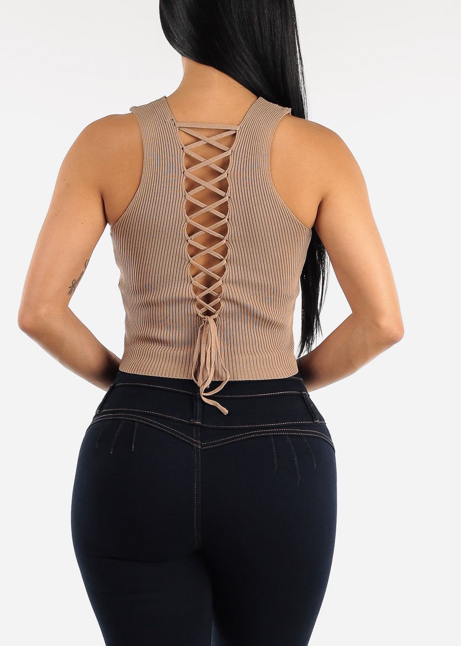 Open Lace Up Back Ribbed Knit Top Beige sold by Moda product image thumbnail 5