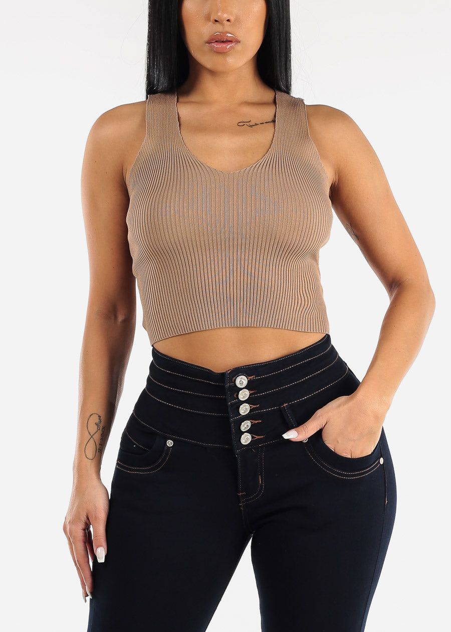 Open Lace Up Back Ribbed Knit Top Beige sold by Moda product image thumbnail 3