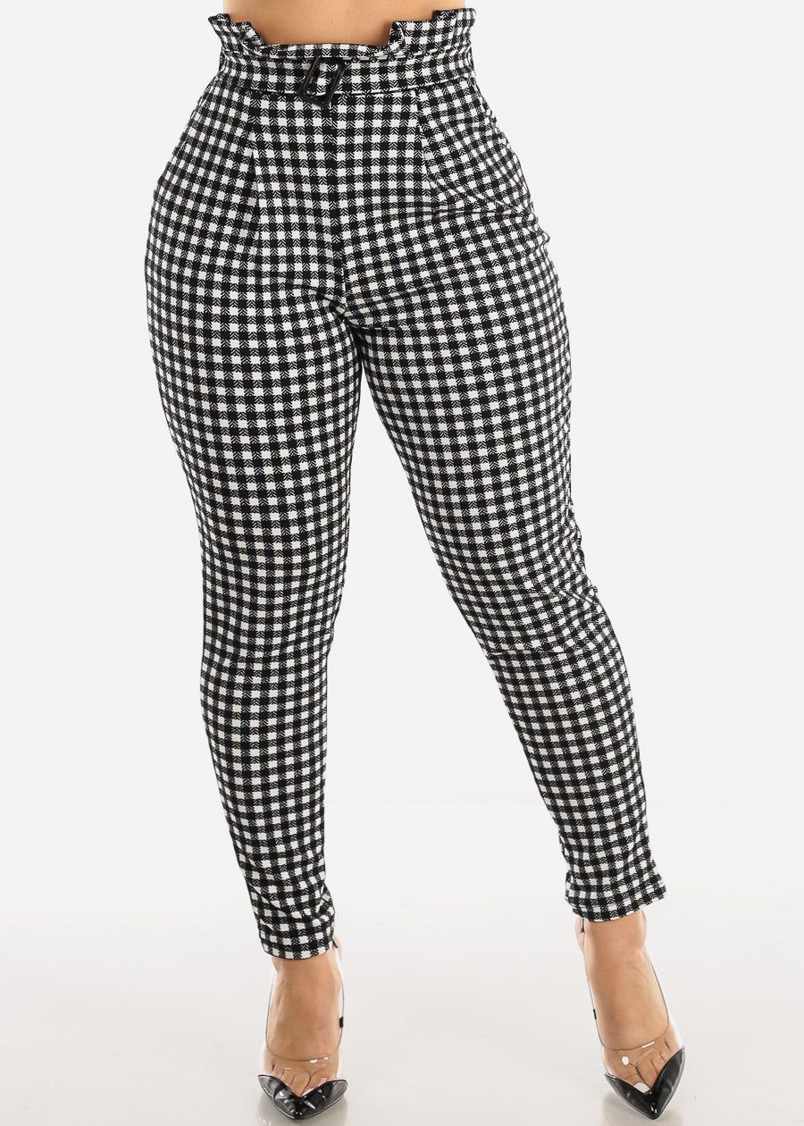 Paperbag Waist Plaid Dressy Skinny Pants Black & White sold by Moda