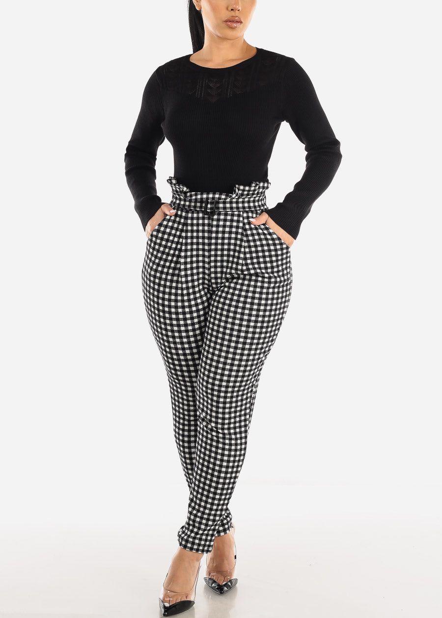 Paperbag Waist Plaid Dressy Skinny Pants Black & White sold by Moda product image thumbnail 2
