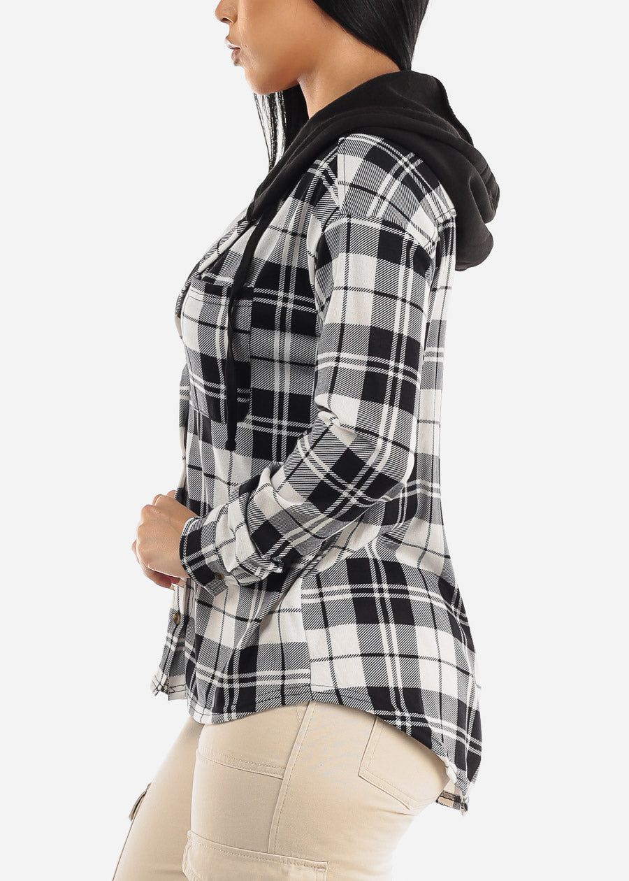 Long Sleeve Flannel Hoodie Shacket Black & White sold by Moda product image thumbnail 3