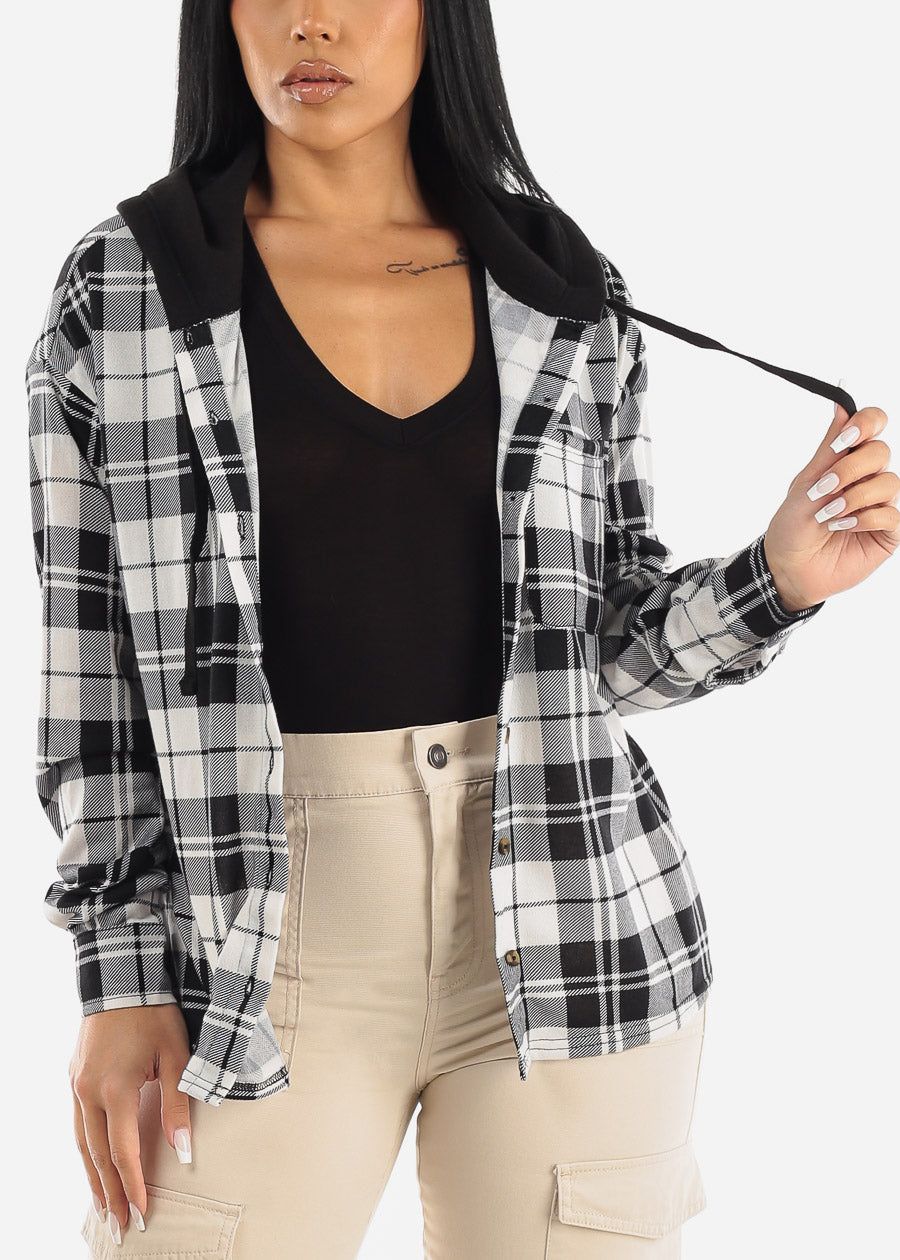 Long Sleeve Flannel Hoodie Shacket Black & White sold by Moda