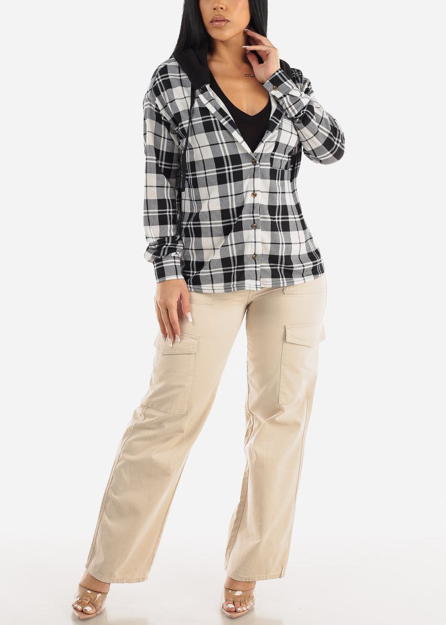 Long Sleeve Flannel Hoodie Shacket Black & White sold by Moda product image thumbnail 2