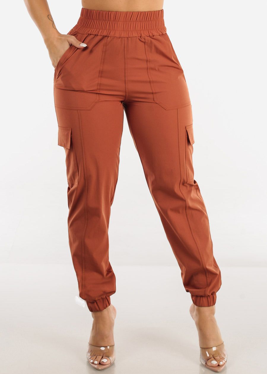 Ultra High Waist Windbreaker Cargo Jogger Pants Rust sold by Moda