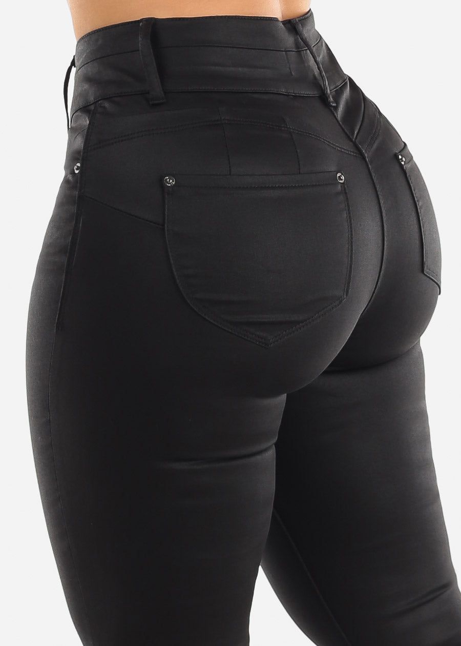 Black Butt Lifting Coated Faux Leather Skinny Jeans sold by Moda