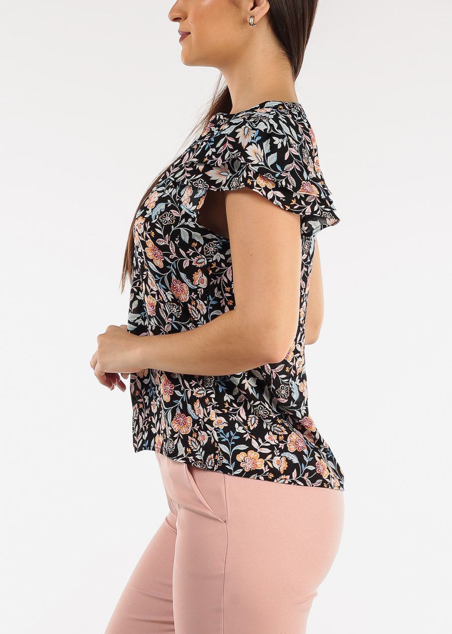 Black Short Ruffle Sleeve Button Up Floral Blouse sold by Moda product image thumbnail 3