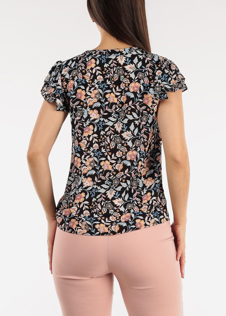 Black Short Ruffle Sleeve Button Up Floral Blouse sold by Moda product image thumbnail 4