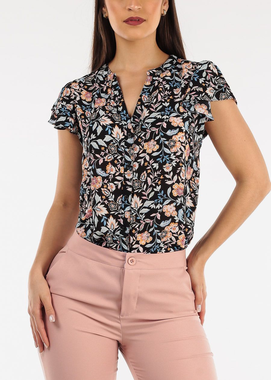 Black Short Ruffle Sleeve Button Up Floral Blouse sold by Moda
