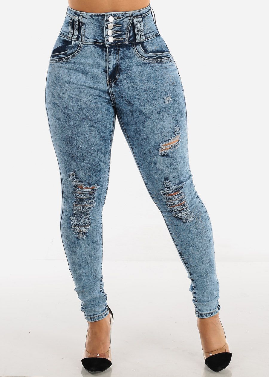 Super High Waisted Torn Butt Lifting Skinny Jeans Acid Wash sold by Moda product image thumbnail 4