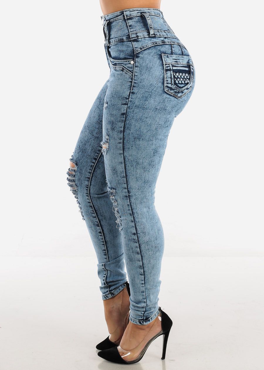 Super High Waisted Torn Butt Lifting Skinny Jeans Acid Wash sold by Moda product image thumbnail 5