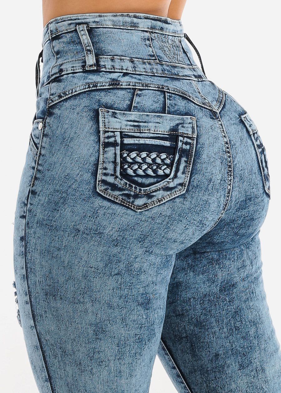 Super High Waisted Torn Butt Lifting Skinny Jeans Acid Wash sold by Moda product image thumbnail 2