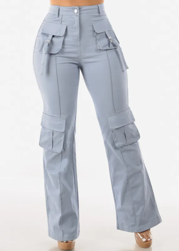 High Waist Straight Leg Twill Cargo Pants Light Blue sold by Moda