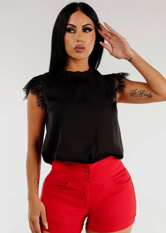 Ruffle Neck Pleated Satin Blouse Black w Lace Sleeves sold by Moda