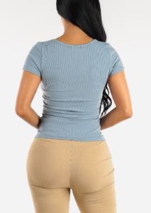 Short Sleeve Button Detail Top Light Blue sold by Moda
