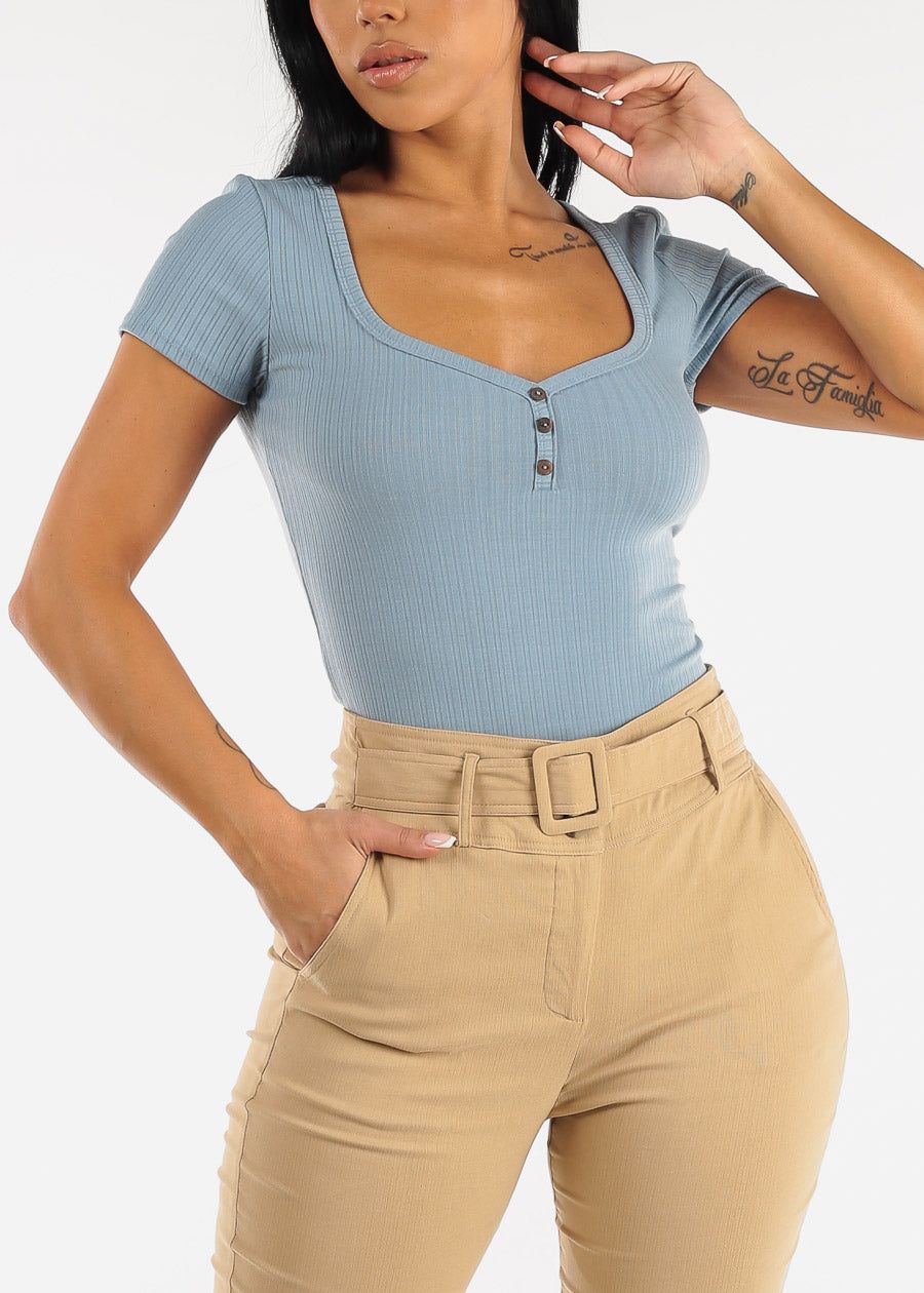 Short Sleeve Button Detail Top Light Blue sold by Moda
