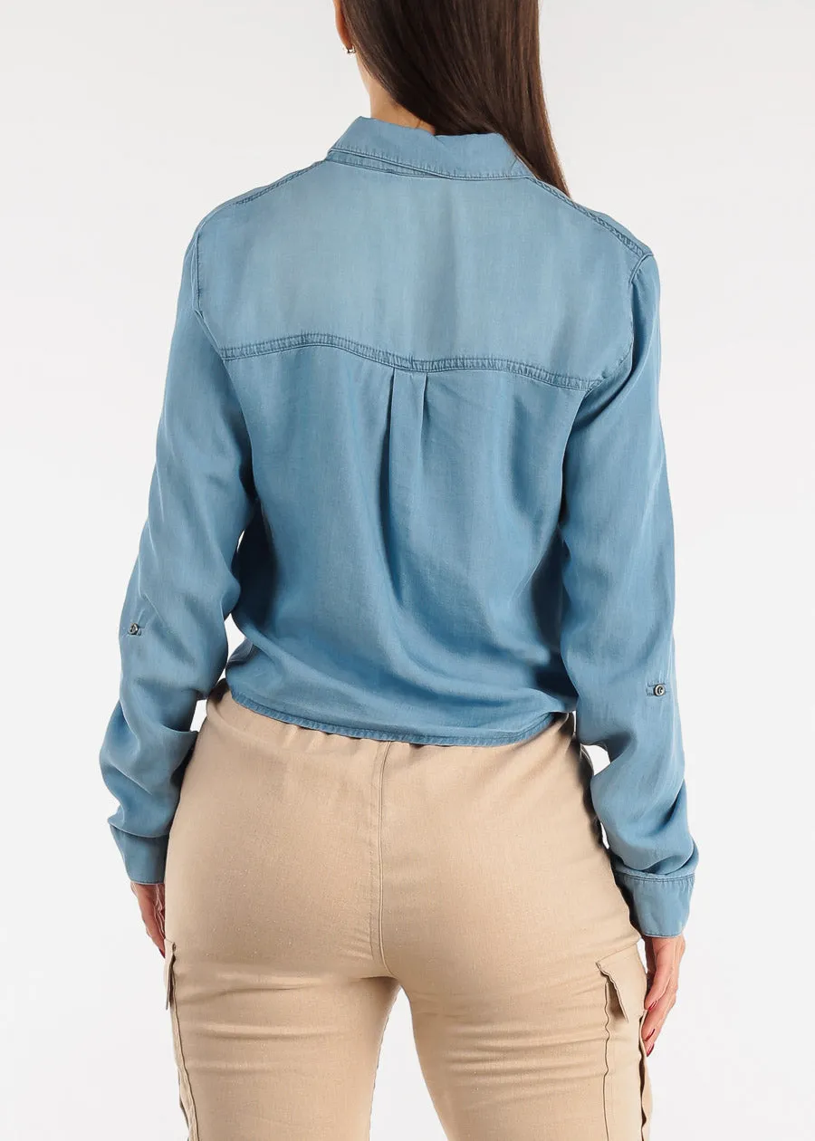 Relaxed Tie Front Collared Denim Blouse Blue sold by Moda product image thumbnail 4