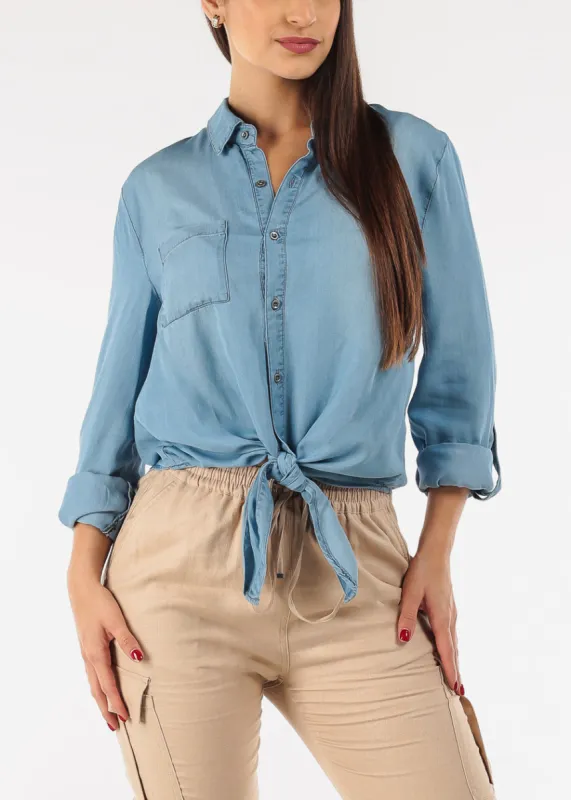 Relaxed Tie Front Collared Denim Blouse Blue sold by Moda