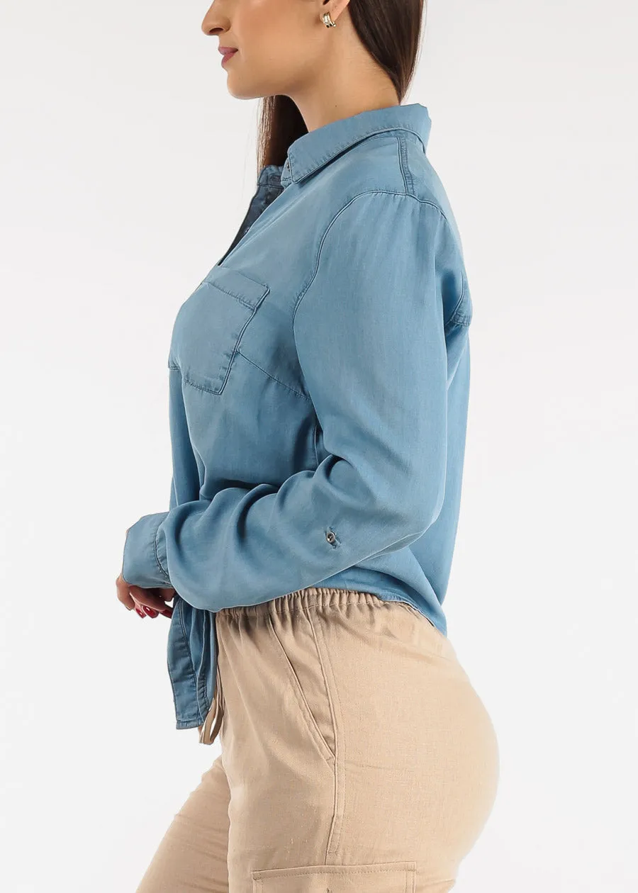 Relaxed Tie Front Collared Denim Blouse Blue sold by Moda product image thumbnail 3