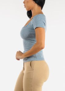 Short Sleeve Button Detail Top Light Blue sold by Moda