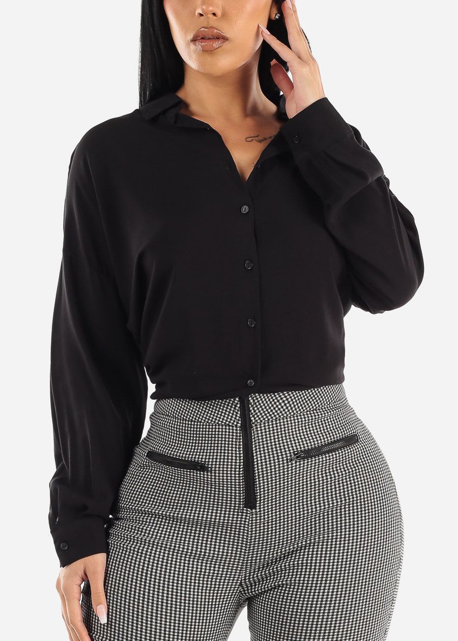 Black Oversized Long Sleeve Button Down Shirt sold by Moda