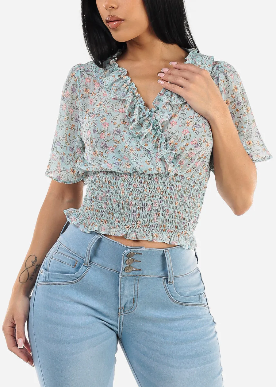 Short Sleeve Floral Smock Waist Top Blue sold by Moda product image thumbnail 5