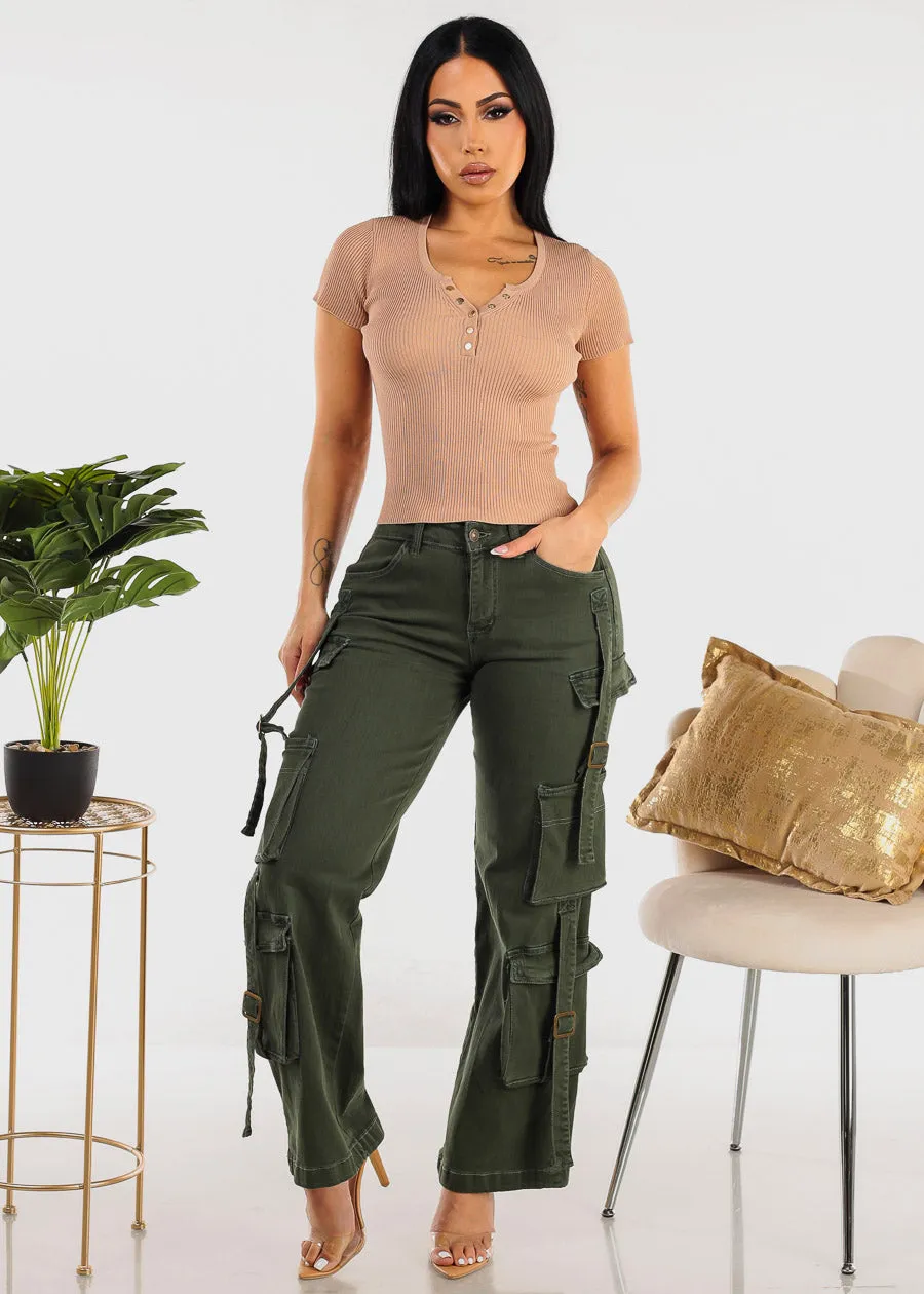 Short Sleeve Ribbed Henley Top Khaki sold by Moda product image thumbnail 2