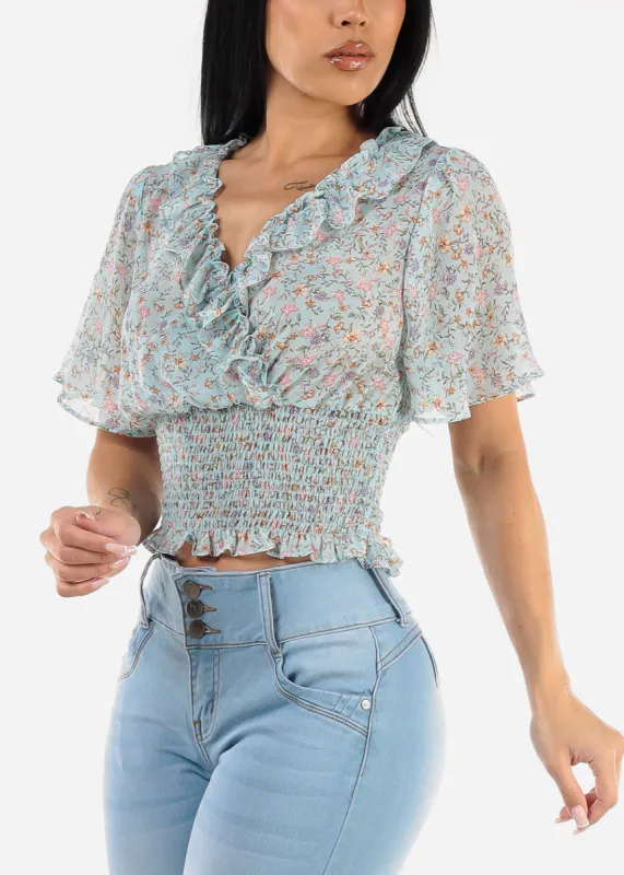 Short Sleeve Floral Smock Waist Top Blue sold by Moda