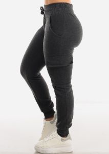 Fleece High Waist Cargo Jogger Sweatpants Charcoal sold by Moda