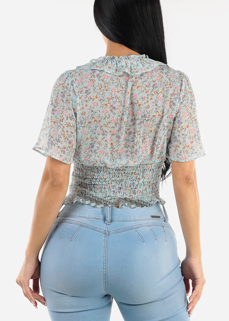 Short Sleeve Floral Smock Waist Top Blue sold by Moda product image thumbnail 4