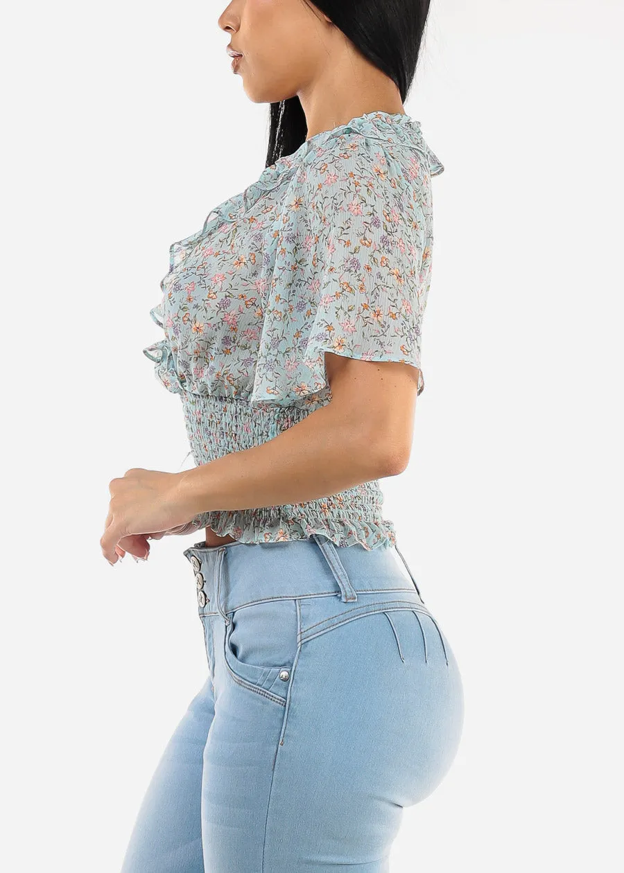 Short Sleeve Floral Smock Waist Top Blue sold by Moda product image thumbnail 3