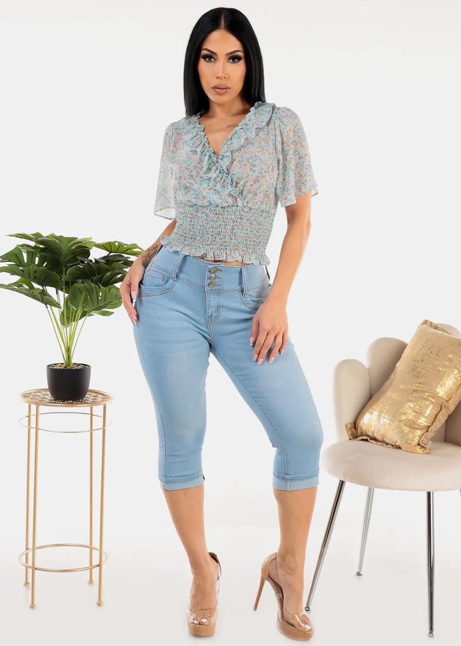 Short Sleeve Floral Smock Waist Top Blue sold by Moda product image thumbnail 2